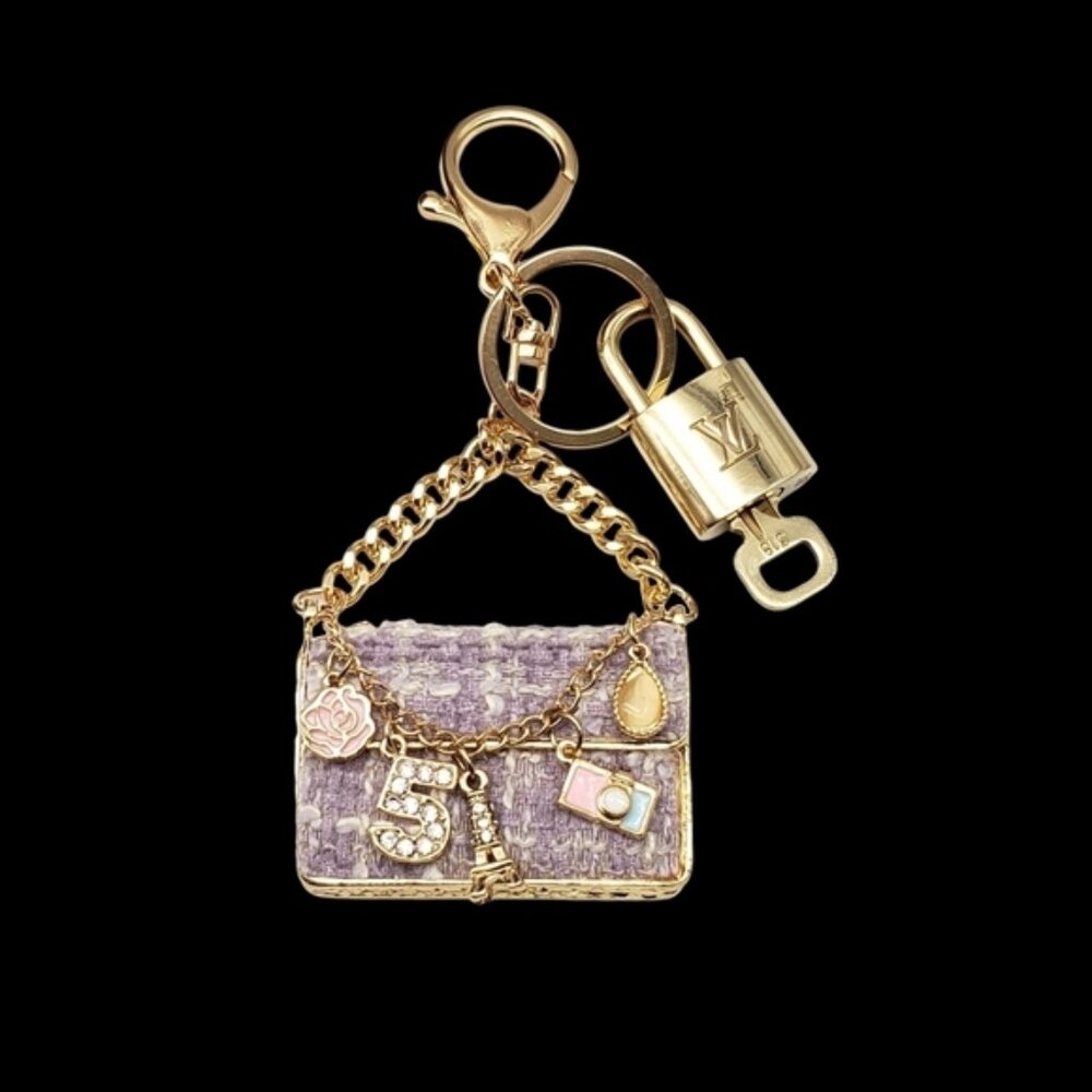 Authentic Louis Vuitton Padlock & Key Gold ✨Unbranded Tweed Bag Charm Keychain - Picture 2 of 9